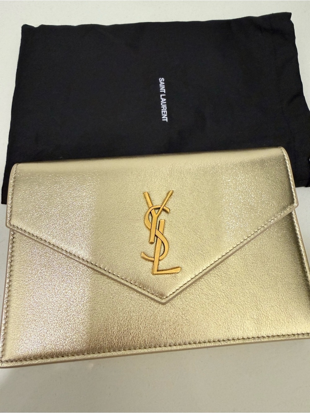 Authentic Cassandra Envelope Saint Laurent Metallic Gold Envelope Wallet Clutch